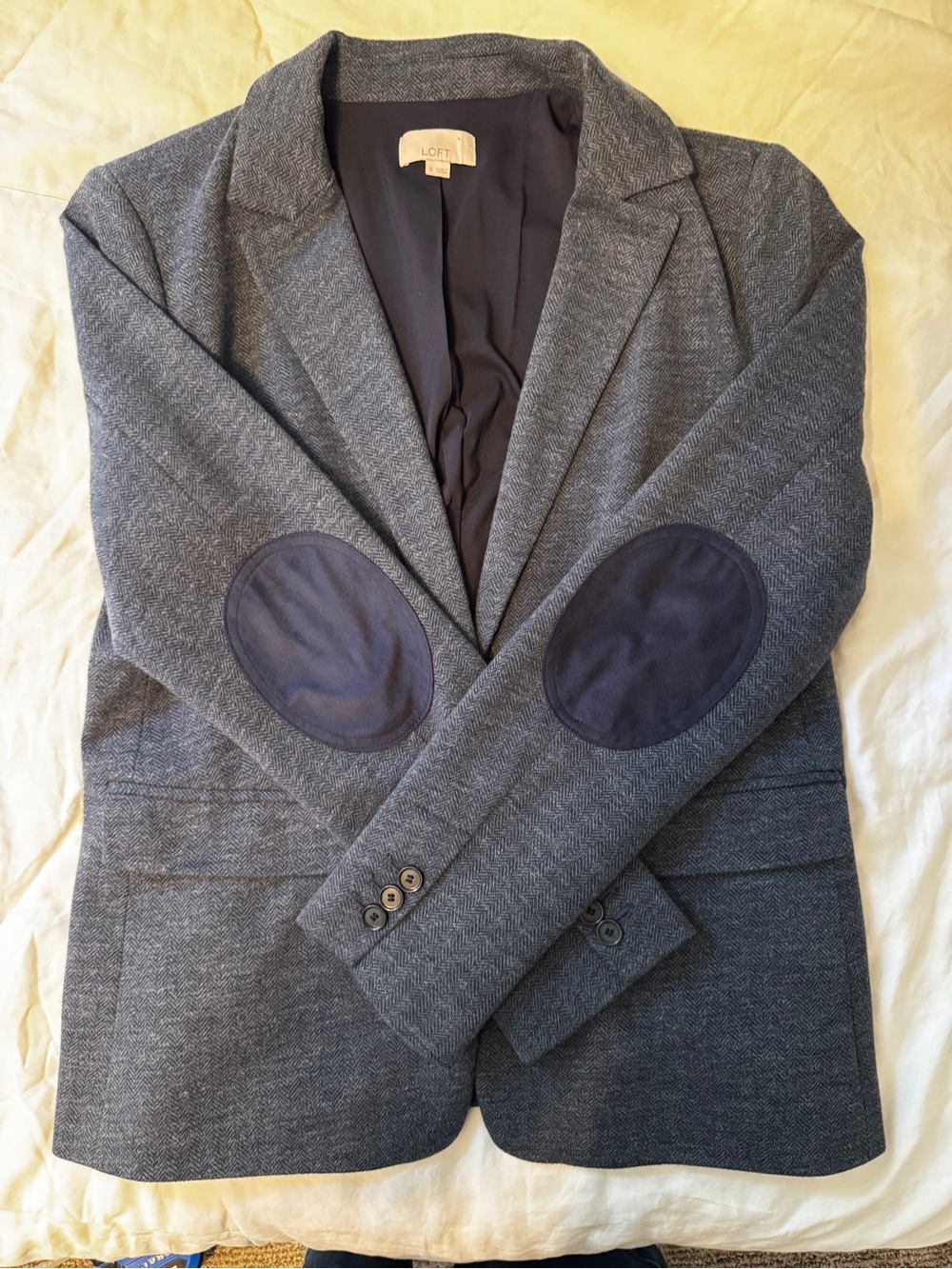 LOFT Women’s Herringbone Blazer with Navy Trim and elbow patches